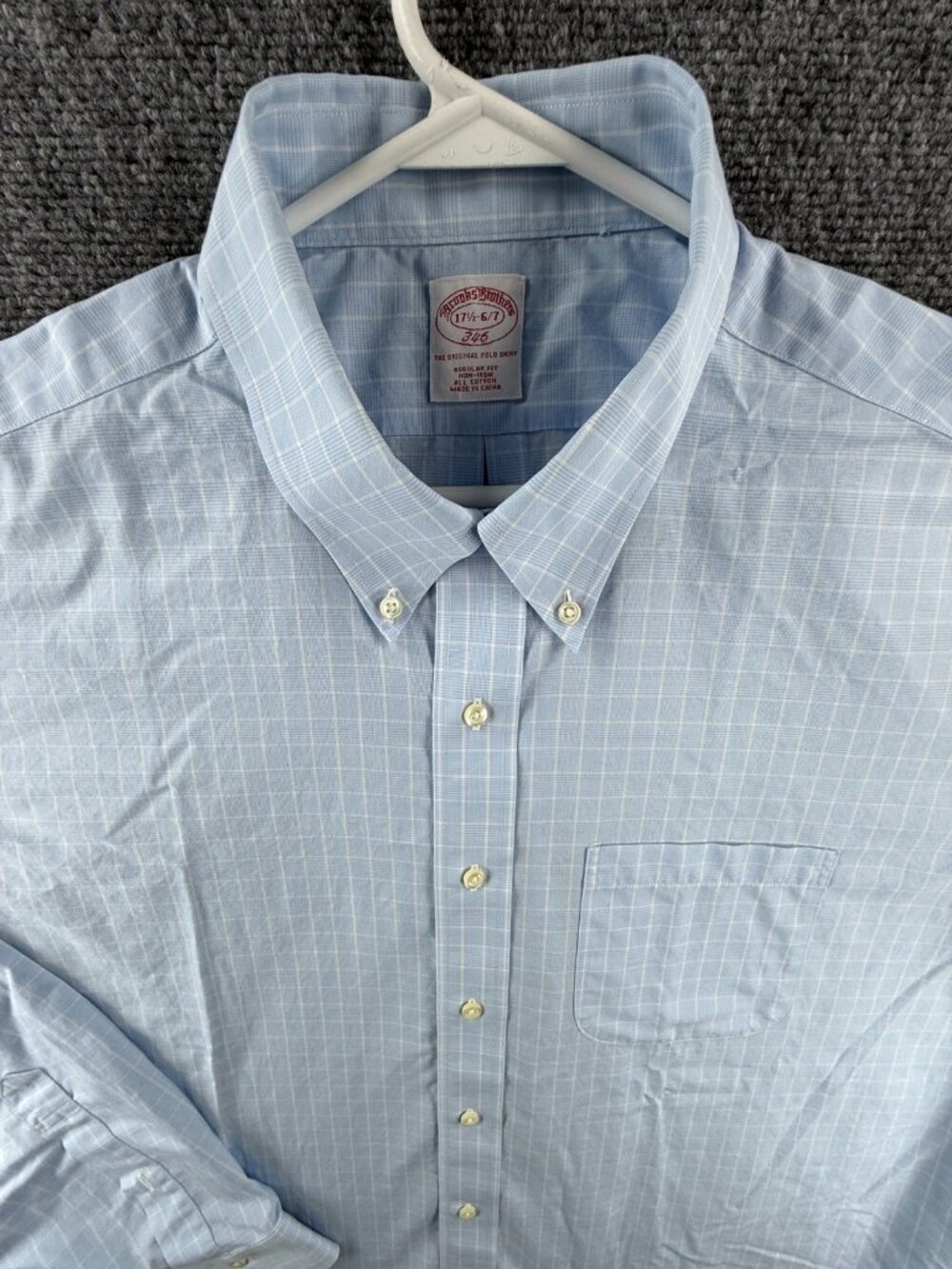 Brooks Brothers Non-Iron 17.5 36/37 Cotton Check Button-Down Blue Shirt Pocket